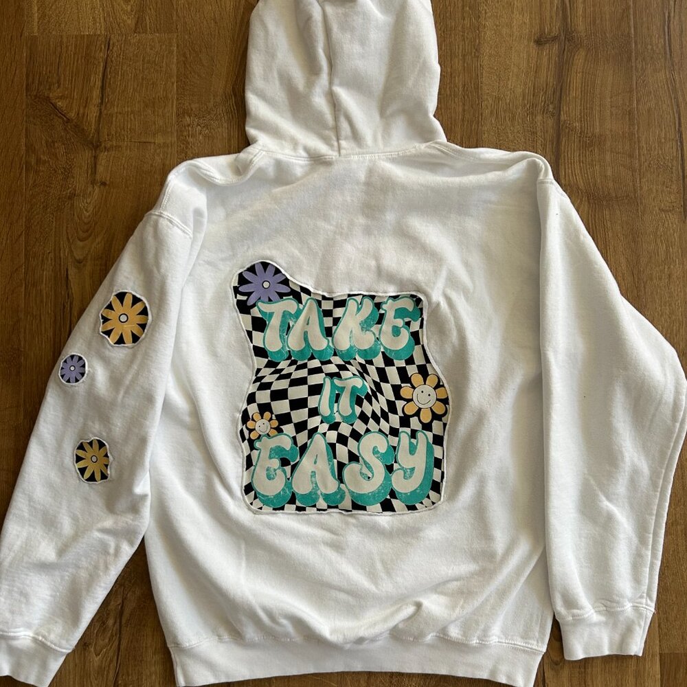 Upcycled White Graphic Hoodie – Floral Sleeve Sweatshirt Casual Streetwear M